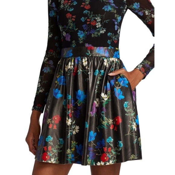 NEW Alice + Olivia Vegan Leather Chara Mesh Black Floral Mini Dress Blooms Sz 4 - Picture 5 of 5